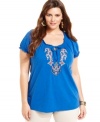 Get a chic casual look with Style&co.'s short sleeve plus size peasant top, accented by an embroidered front.