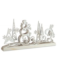 Let it snow, let it snow, let it snow! A fun frosty friend frolics amongst the woodsy trees in this Snowman centerpiece for a whimsical look. Let it snow, let it snow, let it snow! A fun frosty friend frolics amongst the woodsy trees in this Snowman centerpiece for a whimsical look.
