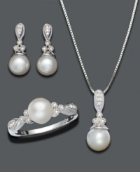 A gift to take her breath away. Luminous cultured freshwater pearl (6-1/2 - 8 mm) are perfectly complemented by brilliant round-cut diamond (3/8 ct. t.w.). Approximate necklace length: 18 inches. Approximate pendant drop: 3/4 inch. Approximate earring drop: 3/4 inch. Ring size: 7. A gift to take her breath away. Luminous cultured freshwater pearl (6-1/2 - 8 mm) are perfectly complemented by brilliant round-cut diamond (3/8 ct. t.w.). Approximate necklace length: 18 inches. Approximate pendant drop: 3/4 inch. Approximate earring drop: 3/4 inch. Ring size: 7.