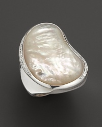 Pavé diamonds add starry texture to this mother-of-pearl cabochon, set in sculpted sterling silver. Pavé diamonds add starry texture to this mother-of-pearl cabochon, set in sculpted sterling silver.