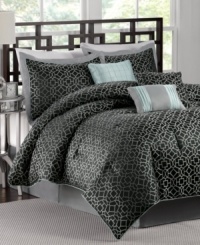 In a sleek, sophisticated fashion, this Garrison comforter set showcases an intricate geometric design in luxe faux-silk fabric for rich texture. Decorative pillows draw in a light blue color that coordinates back to corded trim upon the shams and comforter for a tied-together look. In a sleek, sophisticated fashion, this Garrison comforter set showcases an intricate geometric design in luxe faux-silk fabric for rich texture. Decorative pillows draw in a light blue color that coordinates back to corded trim upon the shams and comforter for a tied-together look.