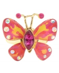 Flit, flutter and fly. Betsey Johnson's fabulous butterfly ring makes a bold and vibrant statement in hot pink and orange enamel with sparkling clear crystals on the wings and a hot pink crystal body. Set in gold-plated mixed metal. Ring stretches to fit finger. Flit, flutter and fly. Betsey Johnson's fabulous butterfly ring makes a bold and vibrant statement in hot pink and orange enamel with sparkling clear crystals on the wings and a hot pink crystal body. Set in gold-plated mixed metal. Ring stretches to fit finger.