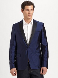 A contrast lapel and contrast piping lend intrigue to this luxe design.Peaked contrast lapelButton frontFlap pocketsBack ventFully linedAbout 29 from shoulder to hem55% acetate/45% polyesterDry cleanImported of French fabric A contrast lapel and contrast piping lend intrigue to this luxe design.Peaked contrast lapelButton frontFlap pocketsBack ventFully linedAbout 29 from shoulder to hem55% acetate/45% polyesterDry cleanImported of French fabric