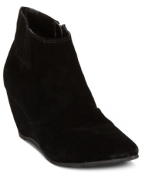 Short silhouettes in smooth suede finishes. Kenneth Cole's Pace First wedge booties have a small covered wedge and side zipper. Short silhouettes in smooth suede finishes. Kenneth Cole's Pace First wedge booties have a small covered wedge and side zipper.