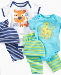 Show off his softer side with either one of these cute bodysuit, pant and hat sets from First Impressions. Show off his softer side with either one of these cute bodysuit, pant and hat sets from First Impressions.