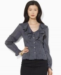 A flourish of ruffles and a peplum hem add feminine allure to Lauren Jeans Co.'s soft woven cotton blouse, finished in a heritage checked pattern (Clearance) A flourish of ruffles and a peplum hem add feminine allure to Lauren Jeans Co.'s soft woven cotton blouse, finished in a heritage checked pattern (Clearance)