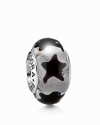 A repeating star pattern adorns a translucent murano glass bead. Logo-engraved sterling silver trim displays the PANDORA signature. A repeating star pattern adorns a translucent murano glass bead. Logo-engraved sterling silver trim displays the PANDORA signature.