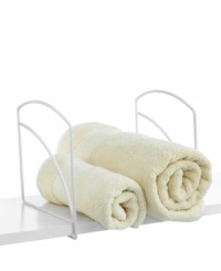 Top shelf! Add even more structure to the way you organize your space with this set of four tall dividers, which make it easy to stack sweaters, towels, linens and more in an orderly fashion. The chrome-finished steel designs securely lock over any solid shelf. Top shelf! Add even more structure to the way you organize your space with this set of four tall dividers, which make it easy to stack sweaters, towels, linens and more in an orderly fashion. The chrome-finished steel designs securely lock over any solid shelf.