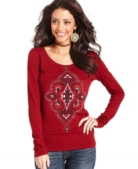 Turn your daytime look from drab to fab with this Lucky Brand Jeans long-sleeve tee featuring a fun medallion print! Turn your daytime look from drab to fab with this Lucky Brand Jeans long-sleeve tee featuring a fun medallion print!
