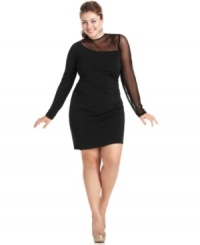 Heat up the dance floor in Ruby Rox's long sleeve plus size dress, featuring mesh illusion detail. Heat up the dance floor in Ruby Rox's long sleeve plus size dress, featuring mesh illusion detail.