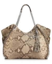 Give your style some instant edge with this sleek python-embossed leather tote from MICHAEL Michael Kors. Chic chain-link and whipstitch detail offer eye-catching appeal, while the generous interior is perfectly poised to meet your everyday demands.