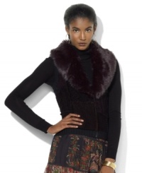 Lauren Ralph Lauren's superbly soft faux-beaver trim glamorously accents a chic knit vest with a timeless patchwork pattern. Lauren Ralph Lauren's superbly soft faux-beaver trim glamorously accents a chic knit vest with a timeless patchwork pattern.