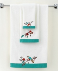Featuring the blossoming branches and water-colored birds of the whimsical dinnerware pattern, the Chirp embroidered fingertip towel from Lenox Simply Fine brings the beauty of the outdoors right inside your bath. Featuring pure cotton embellished with embroidery detail and bold teal border. Featuring the blossoming branches and water-colored birds of the whimsical dinnerware pattern, the Chirp embroidered fingertip towel from Lenox Simply Fine brings the beauty of the outdoors right inside your bath. Featuring pure cotton embellished with embroidery detail and bold teal border.