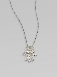 A spiritual design that sparkles with diamonds in 18k gold on a chain link necklace. Diamonds, .18 tcw18k white goldLength, about 16 to 18 adjustablePendant size, about ½ Lobster clasp closureMade in Italy A spiritual design that sparkles with diamonds in 18k gold on a chain link necklace. Diamonds, .18 tcw18k white goldLength, about 16 to 18 adjustablePendant size, about ½ Lobster clasp closureMade in Italy