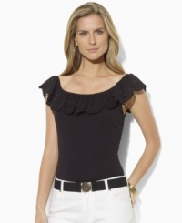 Lauren by Ralph Lauren's soft cotton jersey top is trimmed with delicate eyelet ruffles at the neckline, adding feminine appeal. Lauren by Ralph Lauren's soft cotton jersey top is trimmed with delicate eyelet ruffles at the neckline, adding feminine appeal.