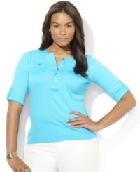 Patch pockets at the chest with lustrous signature buttons lend a subtle sporty feel to Lauren Ralph Lauren's soft three-quarter-sleeved Henley in fine-ribbed cotton. Patch pockets at the chest with lustrous signature buttons lend a subtle sporty feel to Lauren Ralph Lauren's soft three-quarter-sleeved Henley in fine-ribbed cotton.