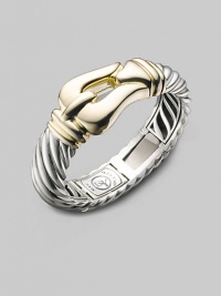 From the Buckle Collection. A cabled belt for your wrist, this smart, sleek design is cast in sterling silver with accents of 18k gold. Sterling silver and 18k yellow gold Diameter, about 2¼ Width, about ¾ Hinged, with spring hook clasp Imported From the Buckle Collection. A cabled belt for your wrist, this smart, sleek design is cast in sterling silver with accents of 18k gold. Sterling silver and 18k yellow gold Diameter, about 2¼ Width, about ¾ Hinged, with spring hook clasp Imported
