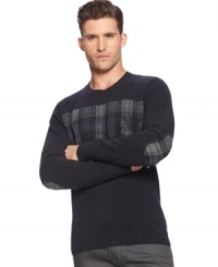 Armani Jeans takes all the elements of a prep-style pullover-elbow patches, plaid, crew-neck-and puts them on a sweater that comes out looking totally original. Armani Jeans takes all the elements of a prep-style pullover-elbow patches, plaid, crew-neck-and puts them on a sweater that comes out looking totally original.