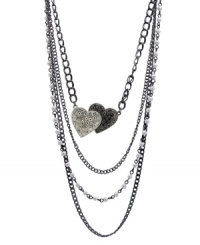 Add instant dimension to your look with this long layered necklace by GUESS. Four graduated layers feature two link chains, a double heart pendant, and a strand of delicate white glass pearls. Crafted in hematite-plated mixed metal. Approximate length: 18 inches. Approximate drop: 4 inches. Add instant dimension to your look with this long layered necklace by GUESS. Four graduated layers feature two link chains, a double heart pendant, and a strand of delicate white glass pearls. Crafted in hematite-plated mixed metal. Approximate length: 18 inches. Approximate drop: 4 inches.