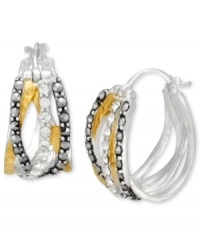 A woven mix of sparkle and shine. Genevieve & Grace's chic crisscross hoop earrings are crafted from sterling silver and 18k gold over sterling silver with glittering marcasite accents. Approximate diameter: 3/4 inch. A woven mix of sparkle and shine. Genevieve & Grace's chic crisscross hoop earrings are crafted from sterling silver and 18k gold over sterling silver with glittering marcasite accents. Approximate diameter: 3/4 inch.