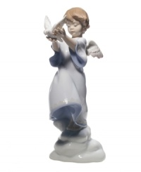The face of an angel: this precious little cherub is earning his wings by delivering a peace dove to those in need. Beautifully crafted of smooth porcelain from Lladro. The face of an angel: this precious little cherub is earning his wings by delivering a peace dove to those in need. Beautifully crafted of smooth porcelain from Lladro.