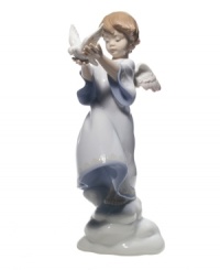 The face of an angel: this precious little cherub is earning his wings by delivering a peace dove to those in need. Beautifully crafted of smooth porcelain from Lladro.