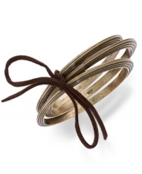 Tastefully textured. This set of 3 bangle bracelets from Lauren Ralph Lauren features ribbed detail and a suede cord tying it all together. Crafted in gold tone mixed metal. Approximate diameter: 2-3/4 inches. Tastefully textured. This set of 3 bangle bracelets from Lauren Ralph Lauren features ribbed detail and a suede cord tying it all together. Crafted in gold tone mixed metal. Approximate diameter: 2-3/4 inches.