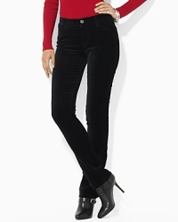 Designed in stretch velvet for comfort and a flattering fit, the slimming modern straight pant is distinguished by a sleek silhouette with chic, elongated straight leg. Designed in stretch velvet for comfort and a flattering fit, the slimming modern straight pant is distinguished by a sleek silhouette with chic, elongated straight leg.