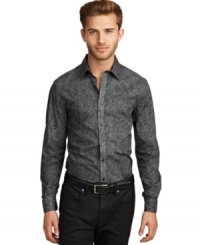 Trust your animal instincts and get yourself dressed up in this sleek animal print button down by Kenneth Cole New York. Trust your animal instincts and get yourself dressed up in this sleek animal print button down by Kenneth Cole New York.