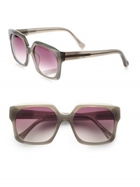 Mod, beveled acetate frames with an engraved logo and silver metal tip on the left temple. Available in shiny winter tortoise with brown monotone lens and shiny milky grey with red gradient lens.UV 400 lens Imported Mod, beveled acetate frames with an engraved logo and silver metal tip on the left temple. Available in shiny winter tortoise with brown monotone lens and shiny milky grey with red gradient lens.UV 400 lens Imported