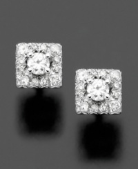 Add a touch of glamour to your look with sparkling square studs. Earrings feature a round-cut center diamond (1/4 ct. t.w.) with surrounding round-cut diamond accents in a square pattern. Crafted in 14k white gold. Approximate diameter: 1/4 inch. Add a touch of glamour to your look with sparkling square studs. Earrings feature a round-cut center diamond (1/4 ct. t.w.) with surrounding round-cut diamond accents in a square pattern. Crafted in 14k white gold. Approximate diameter: 1/4 inch.