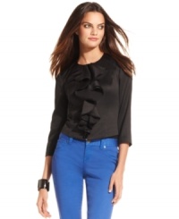 A mixture of feminine charm and edgy style define INC's chic topper. The soft ruffles contrast beautifully with the fitted cut and exposed zipper closure. A mixture of feminine charm and edgy style define INC's chic topper. The soft ruffles contrast beautifully with the fitted cut and exposed zipper closure.