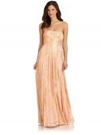 THE LOOKAllover metallic floral printLightly padded pleated bustRuched waistLong gentle draping throughoutBack zip with hook-and-eye closureTHE FITAbout 54 from top to hemTHE MATERIAL77% silk/23% metallicFully linedCARE & ORIGINDry cleanImportedModel shown is 5'10½ (179cm) wearing US size 4. THE LOOKAllover metallic floral printLightly padded pleated bustRuched waistLong gentle draping throughoutBack zip with hook-and-eye closureTHE FITAbout 54 from top to hemTHE MATERIAL77% silk/23% metallicFully linedCARE & ORIGINDry cleanImportedModel shown is 5'10½ (179cm) wearing US size 4.