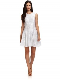 THE LOOKAllover lattice embroideryTailored stitched detailing, alloverPleated skirtBack zip with hook-and-eye closureTHE FITAbout 33 from shoulder to hemTHE MATERIALRayon/nylon/polyesterCotton liningCARE & ORIGINDry cleanImported Model shown is 5'11 (180cm) wearing a US size 4. THE LOOKAllover lattice embroideryTailored stitched detailing, alloverPleated skirtBack zip with hook-and-eye closureTHE FITAbout 33 from shoulder to hemTHE MATERIALRayon/nylon/polyesterCotton liningCARE & ORIGINDry cleanImported Model shown is 5'11 (180cm) wearing a US size 4.