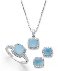 Sky's the limit. Surround yourself in light blue agate with this gorgeous pendant set. Each piece of agate (4-1/10 ct. t.w.) is surrounded by a sleek ring of diamond accents to make this set really sparkle. Approximate length (necklace): 18 inches. Approximate drop (pendant): 1/4 inch. Approximate earring measurement: 1/4 inch. Ring size 7. Sky's the limit. Surround yourself in light blue agate with this gorgeous pendant set. Each piece of agate (4-1/10 ct. t.w.) is surrounded by a sleek ring of diamond accents to make this set really sparkle. Approximate length (necklace): 18 inches. Approximate drop (pendant): 1/4 inch. Approximate earring measurement: 1/4 inch. Ring size 7.