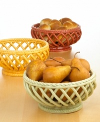 Far from merely decorative, this versatile basket retains heat or coldness to serve hearty bread or crisp fruit at their prime temperatures. Each is hand-crafted with a delightfully rustic basketweave pattern and made of durable earthenware that can stand up to the oven or the freezer. Far from merely decorative, this versatile basket retains heat or coldness to serve hearty bread or crisp fruit at their prime temperatures. Each is hand-crafted with a delightfully rustic basketweave pattern and made of durable earthenware that can stand up to the oven or the freezer.