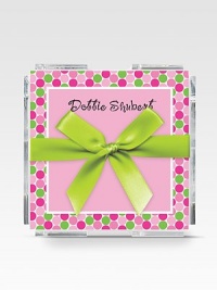 Fun little memo notes are perfect for quick notes and reminders...stick them in briefcases, purses or backpacks! Includes 200 notes Arrives in Lucite holder wrapped in grosgrain ribbon 4 X 4 notes Made in USAFOR PERSONALIZATIONSelect a color and quantity, then scroll down and click on PERSONALIZE & ADD TO BAG to choose and preview your monogramming options. Please allow 2-3 weeks for delivery. Fun little memo notes are perfect for quick notes and reminders...stick them in briefcases, purses or backpacks! Includes 200 notes Arrives in Lucite holder wrapped in grosgrain ribbon 4 X 4 notes Made in USAFOR PERSONALIZATIONSelect a color and quantity, then scroll down and click on PERSONALIZE & ADD TO BAG to choose and preview your monogramming options. Please allow 2-3 weeks for delivery.