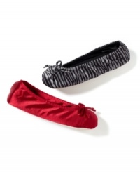 Feel like a princess in these satin ballerina slippers from Isotoner that pamper your feet from the moment to put them on. They're ultra-soft and completely comfortable. Choose from chic zebra print or ruby red. Feel like a princess in these satin ballerina slippers from Isotoner that pamper your feet from the moment to put them on. They're ultra-soft and completely comfortable. Choose from chic zebra print or ruby red.