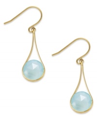 A touch of color livens any look. These stunning 10k gold earrings feature round-cut medium blue chalcedony stones (4-1/2 ct. t.w.) on french wire. Approximate drop: 1 inch. A touch of color livens any look. These stunning 10k gold earrings feature round-cut medium blue chalcedony stones (4-1/2 ct. t.w.) on french wire. Approximate drop: 1 inch.