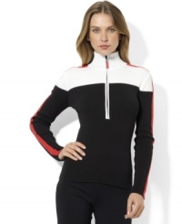 Lauren Ralph Lauren's soft ribbed cotton sweater is finished with a solid stripe down each arm and a half-zip placket for understated athletic style. Lauren Ralph Lauren's soft ribbed cotton sweater is finished with a solid stripe down each arm and a half-zip placket for understated athletic style.