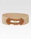 A stretchy style with a beautiful, leather, double buckle. Elastic cottonWidth, about 3Made in Italy