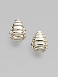 From the Bedeg Collection. Bold, tapered arcs of sterling silver in a Buddha belly shape with a ribbed texture.Sterling silver Length, about ¾ Width, about ½ Post back Made in Bali From the Bedeg Collection. Bold, tapered arcs of sterling silver in a Buddha belly shape with a ribbed texture.Sterling silver Length, about ¾ Width, about ½ Post back Made in Bali