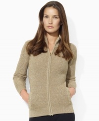 Lauren Ralph Lauren's classic mockneck cardigan receives a shimmering update from a luxe intertwining of cotton and Lurex®. Lauren Ralph Lauren's classic mockneck cardigan receives a shimmering update from a luxe intertwining of cotton and Lurex®.