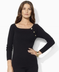 Polished signature buttons accent the sleeve of Lauren Ralph Lauren's sleek boatneck sweater crafted from luxurious ribbed cotton. Polished signature buttons accent the sleeve of Lauren Ralph Lauren's sleek boatneck sweater crafted from luxurious ribbed cotton.