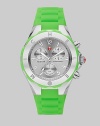 From the Tahitian Jelly Bean Collection. A fun and colorful design with technical appeal. Quartz movementWater resistant to 7 ATMRound stainless steel case, 40mm (1.6)Logo etched bezelSilver chronograph dialNumeric hour markersSecond hand Green silicone strapImported