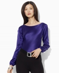 Decadent refined satin is luxuriously designed in Lauren by Ralph Lauren's classic long-sleeved boatneck silhouette with billowing sleeves to create a chic, contemporary essential. (Clearance) Decadent refined satin is luxuriously designed in Lauren by Ralph Lauren's classic long-sleeved boatneck silhouette with billowing sleeves to create a chic, contemporary essential. (Clearance)