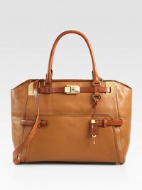 A tonal style in supple, textured deer leather accented with smooth leather and radiant hardware.Double top handles, 7 dropDetachable adjustable shoulder strap, 21½-24¾ dropTop zip closureProtective metal feetOne outside open pocketOne inside zip pocketTwo inside open pocketsCotton lining14W X 11H X 5DImported A tonal style in supple, textured deer leather accented with smooth leather and radiant hardware.Double top handles, 7 dropDetachable adjustable shoulder strap, 21½-24¾ dropTop zip closureProtective metal feetOne outside open pocketOne inside zip pocketTwo inside open pocketsCotton lining14W X 11H X 5DImported
