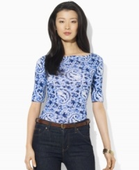 Lauren by Ralph Lauren's chic boat neckline and vibrant paisley print infuse a classic cotton jersey tee with breezy, relaxed style. Lauren by Ralph Lauren's chic boat neckline and vibrant paisley print infuse a classic cotton jersey tee with breezy, relaxed style.