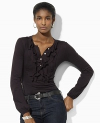 Lauren Jeans Co.'s long-sleeved cotton tee is accented with delicate ruffles at the placket for a feminine twist on a classic (Clearance) Lauren Jeans Co.'s long-sleeved cotton tee is accented with delicate ruffles at the placket for a feminine twist on a classic (Clearance)