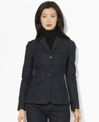 Lauren Jeans Co.'s polished tailored essential is elegantly updated in a stylish dark denim with a preppy corduroy-trimmed collar for a chic heritage look. (Clearance) Lauren Jeans Co.'s polished tailored essential is elegantly updated in a stylish dark denim with a preppy corduroy-trimmed collar for a chic heritage look. (Clearance)